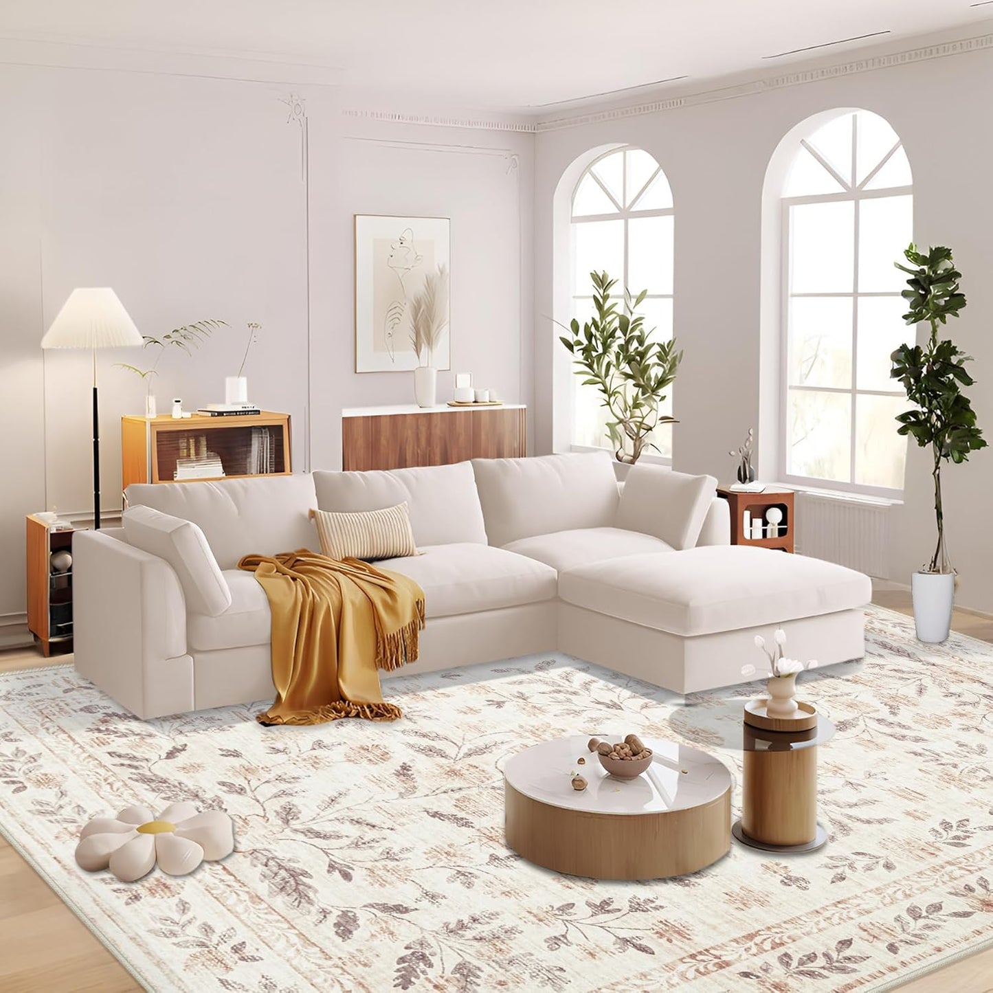 Rugs for Living Room 9x12 Rug, Washable Floral Boho Area Rug Non Slip Soft Low Pile Large Rugs for Bedroom Girls, Dining Room, Office, Kids Playroom(9'x12', Floral Beige)