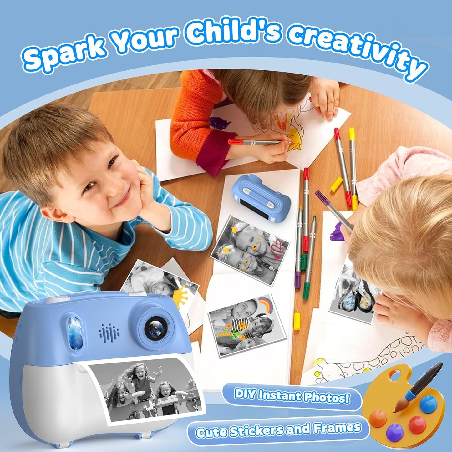 Instant Print Camera for Kids - Front Rear Dual Selfie Kid Print Camera, Fun Birthday Gift for Boys Ages 3-12, HD Digital Video Cameras, Easy to Use for Toddler - Blue