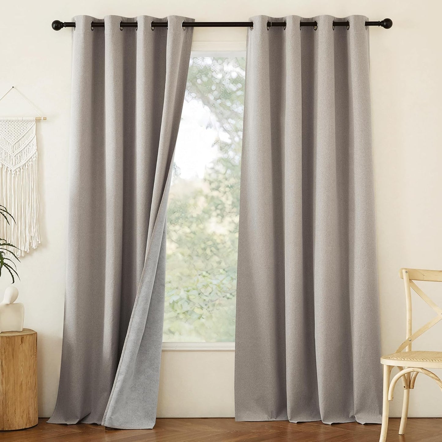 NICETOWN Natural Linen 100% Blackout Curtains 90 inches for Bedroom, Farmhouse Style Keep Warm Faux Linen Blackout Curtains with Thermal Insulated Liners for Dining Room, 2 Panels, 52" W, Drapes
