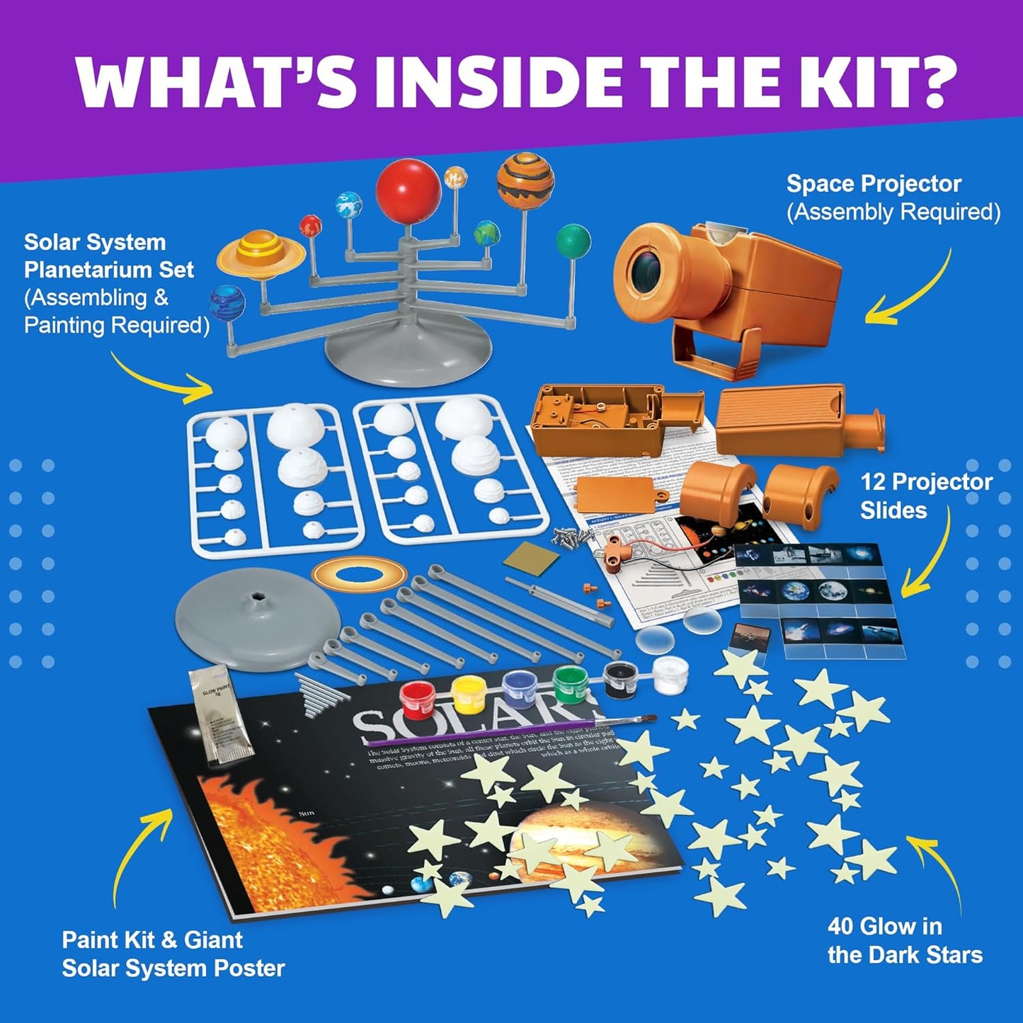 4M - STEAM Space Exploration - Build & Paint Solar System Planetarium Model, Assemble Space Toys Projector with Slides, Includes Glow Stars & Poster - Educational Science Planet Toys Kit, Kids Ages 5+