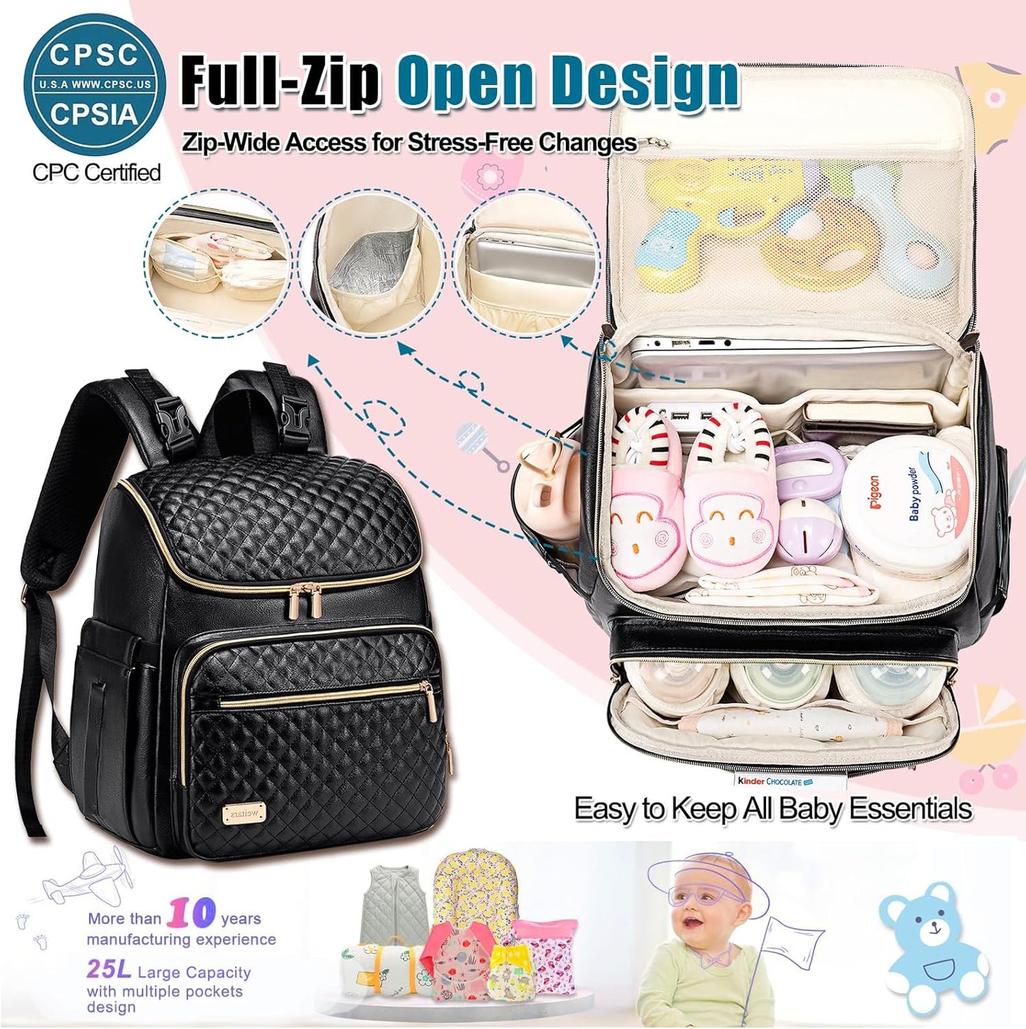 Weitars Diaper Bag Backpack Leather Baby Diaper Bag with Changing Pad Travel Diaper Backpack,Baby Bag for Mom,Stroller Straps,5 Insulated Pockets (Black Leather)