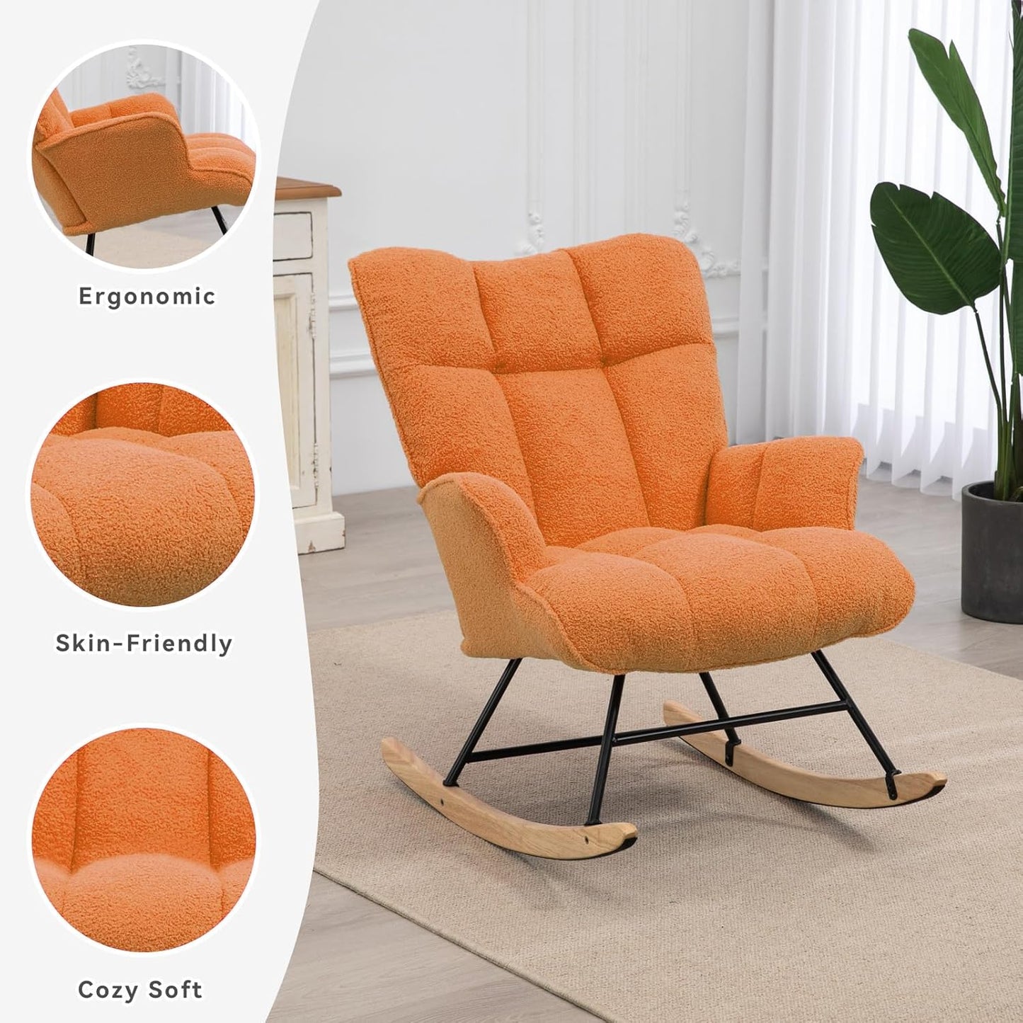 Rocking Chair Nursery Teddy Upholstered Glider Rocker Rocking Accent Chair Padded Seat with High Backrest Armchair Comfy Side Chair for Living Room Bedroom Offices (Orange Teddy)