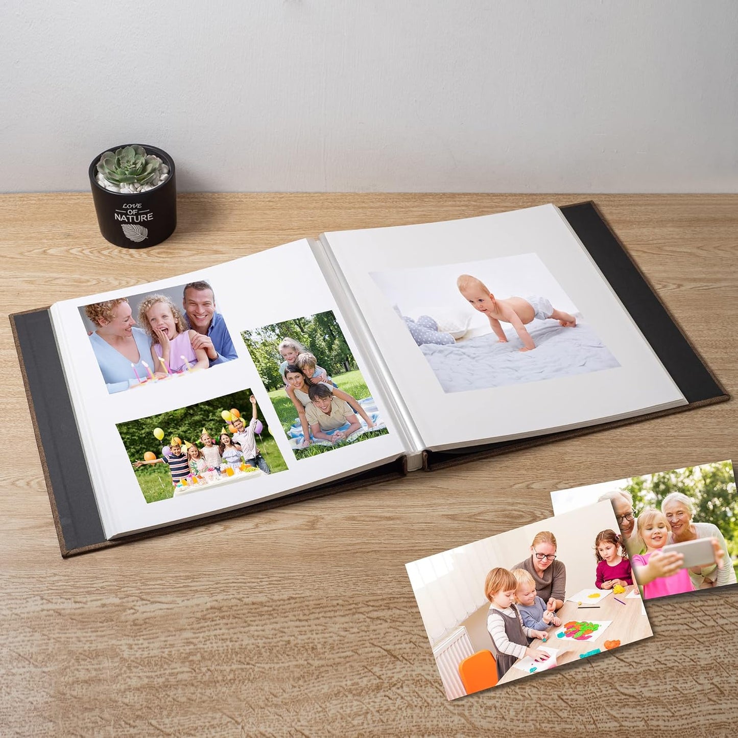 Large Photo Album Self Adhesive Scrapbook Album for 4×6 8×10 Pictures DIY Magnetic Linen Cover Album 60 Pages for Family Wedding Gifts with Metal Pen and Plastic Board