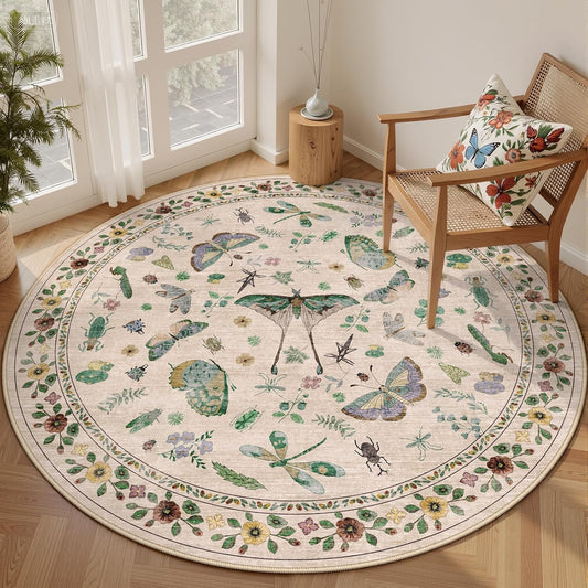 4ft Washable Round Rug - Bug Rugs for Living Room Non-Slip Low Pile Soft Ultra-Thin Machine Washable Circle Carpet for Bedroom, Entryway, Nursery, Kitchen, Home Office (4' Round Beige)
