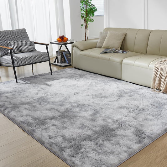Ultra Soft Rug for Living Room, 6X9 Fluffy Shag Area Rug for Bedroom, Modern Shaggy Carpets Fuzzy Rug for Teens Dorm Nursery Home Decor Aesthetic, Upgrade Anti-Skid Durable, Tie-Dyed Light Grey