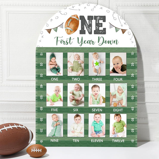 Football First Year Photo Board First Year Down Birthday Party Decorations Wooden Board 12 Monthly Milestone Picture Frame Sports 1st Birthday Photo Banner for Baby Boys Keepsake Gift Supply 2x2.8In
