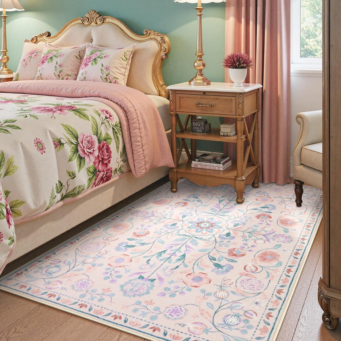 Anidaroel 5x7 Area Rugs for Living Room, Washable Pink Floral Rugs for Bedroom Girls, Soft Boho Nursery Rugs for Kids Playroom, Non Slip Low Pile Indoor Carpet for Bedside Dorm, Pink/Multi