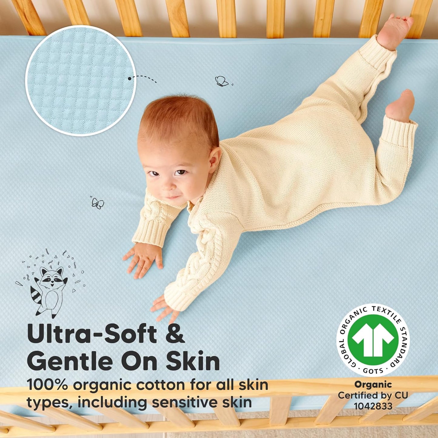 Waterproof Crib Mattress Protector Cover Fitted - 2-Pack Quiet Baby Crib Mattress Pad Sheets, 52" x 28" Soft Quilted Cotton Baby Sheet, Machine Washable, Easy Fit, Durable (Glacier/Quin)