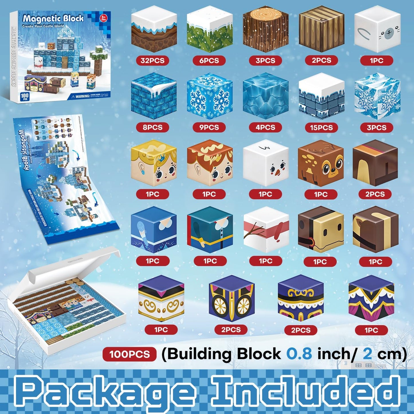 100PCS Magnetic Blocks, Magnet Building Blocks for Kids Age 4-8, Magnetic Cubes Sets for Frozen Princess Castle Build, Magnet Cubes Tiles Toys for Girls Age 3+ Years Old Birthday Gift