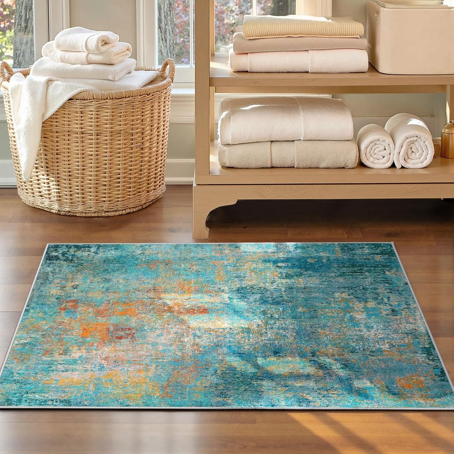 Washable Area Rugs 2'x3' Non-Slip Modern Abstract Soft for Living Room Entryway Bedroom Nursery, Print Pattern, Teal Blue Green Orange Rust Red Colorful
