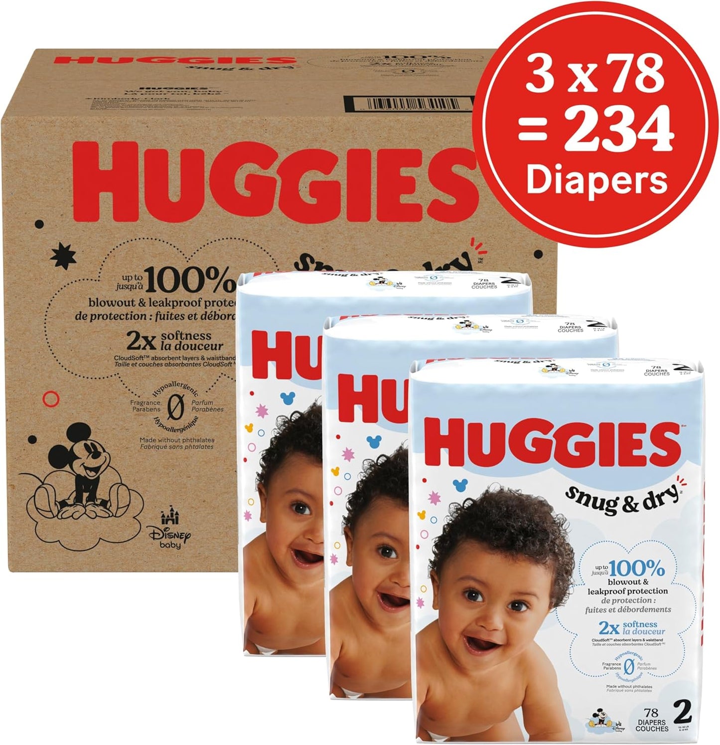 Huggies Size 2 Diapers, Snug & Dry Baby Diapers, Size 2 (12-18 lbs), 234 Count (3 Packs of 78), Packaging May Vary