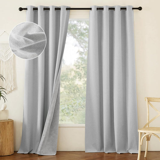 NICETOWN 100% Absolutely Blackout Faux Linen Curtains with Thermal Insulated White Liner, Greyish White, W52, 2 Pieces, Noise Reducing Faux Linen Look Curtains for Windows 95" Length for Classroom