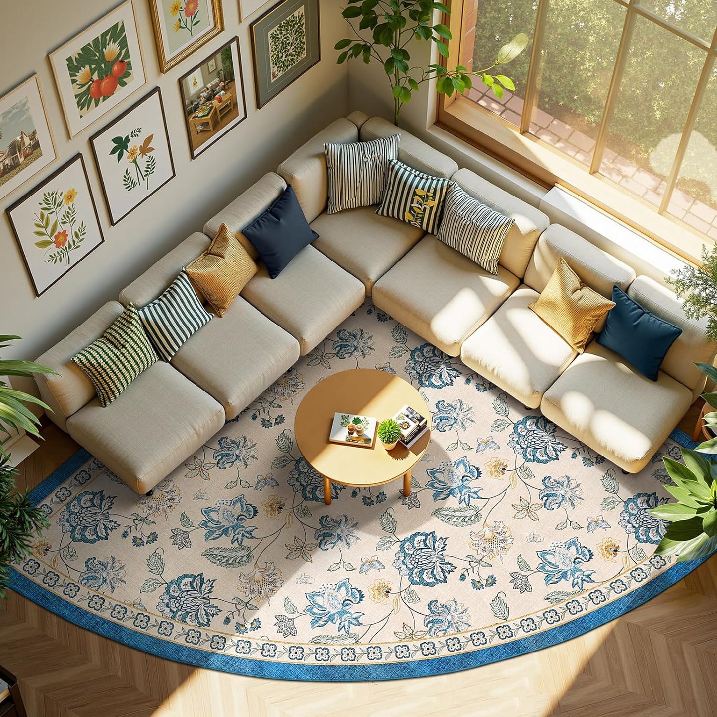 jinchan Floral Corner Rug for Living Room Washable Bedroom Rug Vintage Romance Design Non Slip Quarter Circle Lightweight Low-Pile Throw Carpet for Reading Nook Playroom,8ft Radius, Blue/Beige