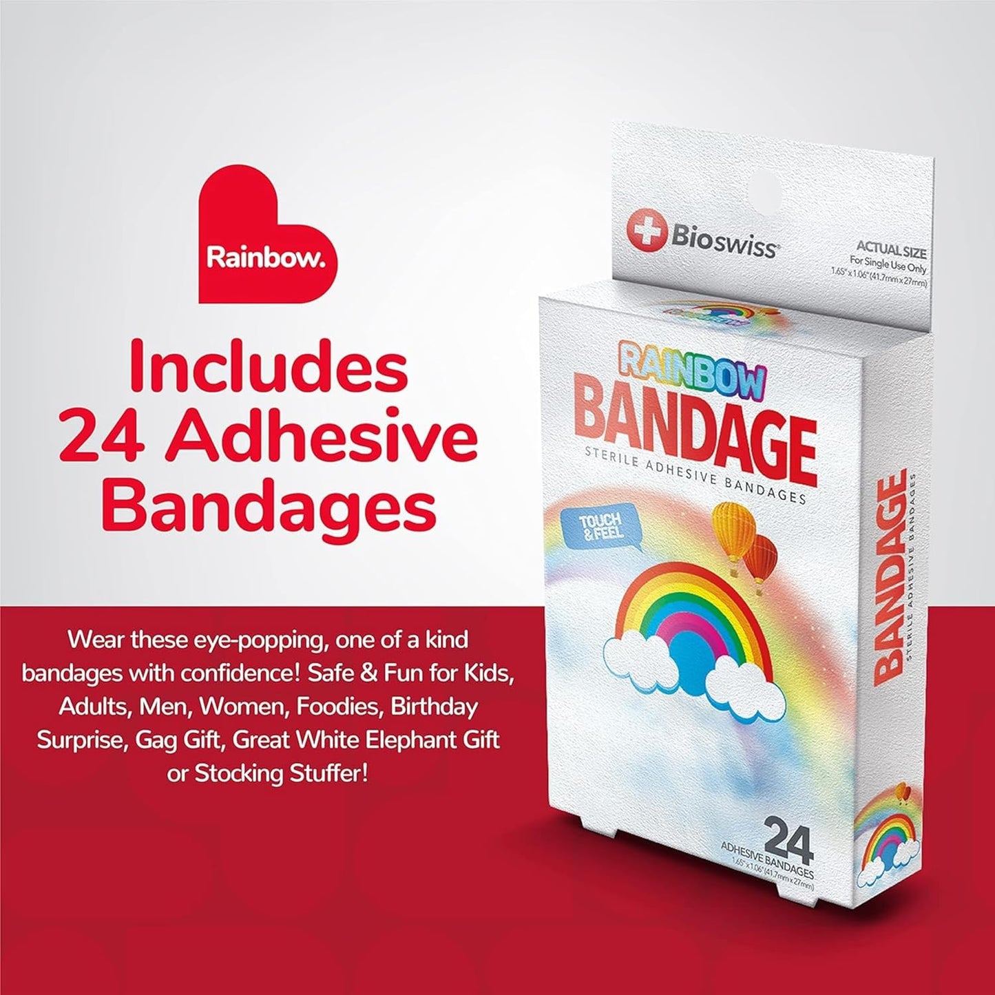 BioSwiss Bandages, Rainbow Shaped Self Adhesive Bandage, Latex Free Sterile Wound Care, Fun First Aid Kit Supplies for Kids, 24 Count