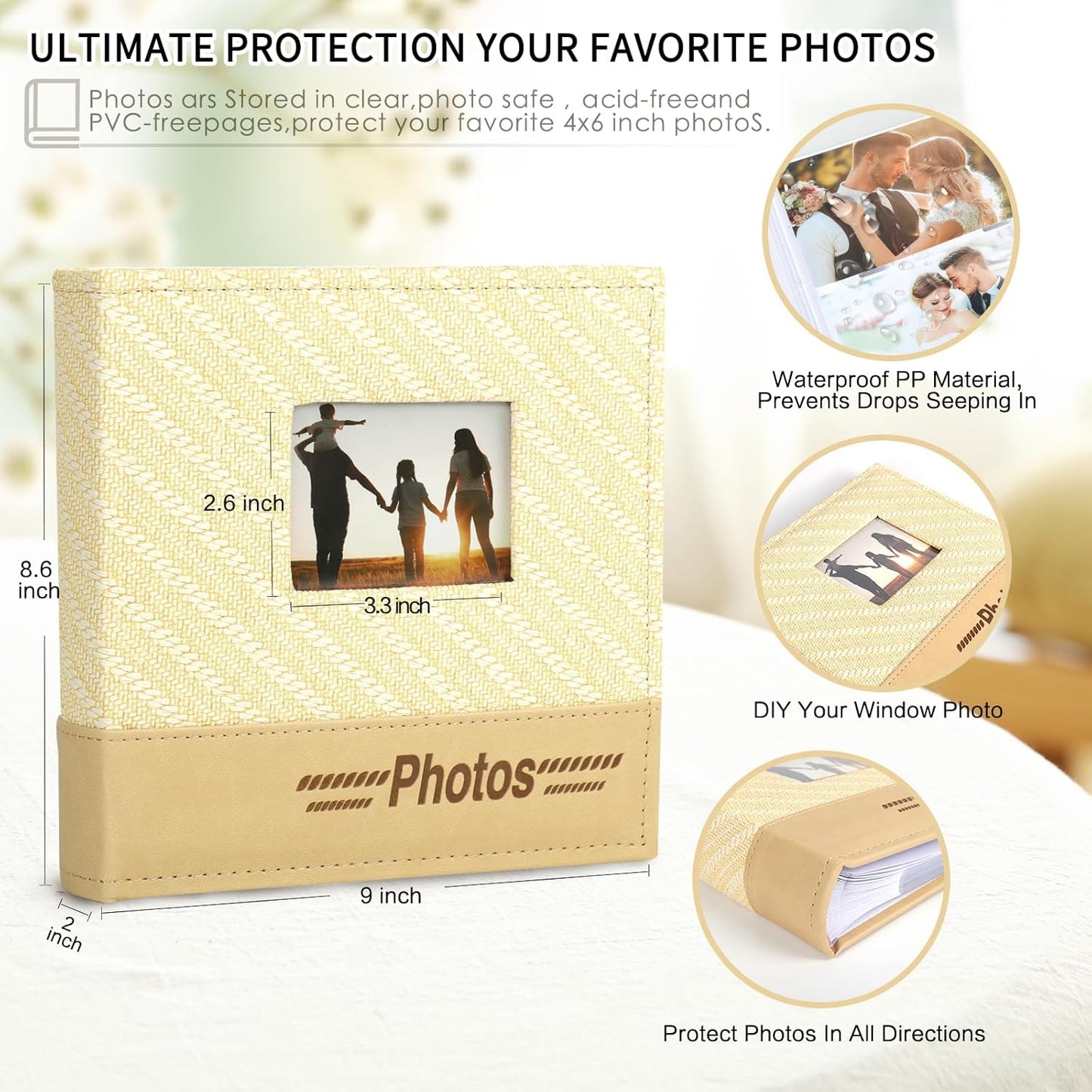 RECUTMS Photo Album with 200 Photos, Leather Cover with Front Window, 4x6 Picture Albums Book for Wedding, Family, Baby, Kids, Birthday, Couple (Beige)