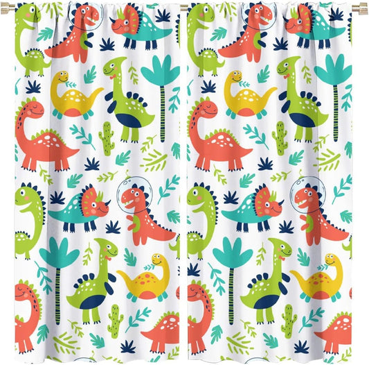 Rustic Dinosaurs Curtains Colorful Dino Kids Boys Cartoon Cute Cool Funny Decor Printed Blackout Rod Pocket Window Drapes for Living Room Bedroom W31.5xL63in 2 Panels