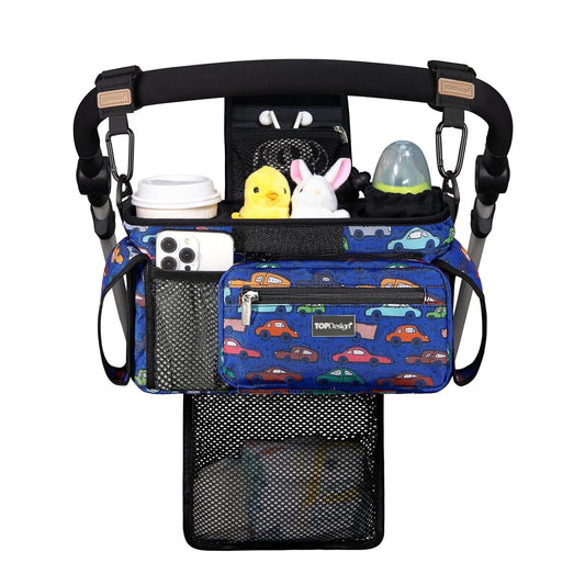 TOPDesign Universal Baby Stroller Organizer, Stroller Caddy with Detachable Mesh Bag & Heightened Insulated Cup Holders & Non-Slip Secure Hooks Accessories, Fits Most Strollers (Cars)
