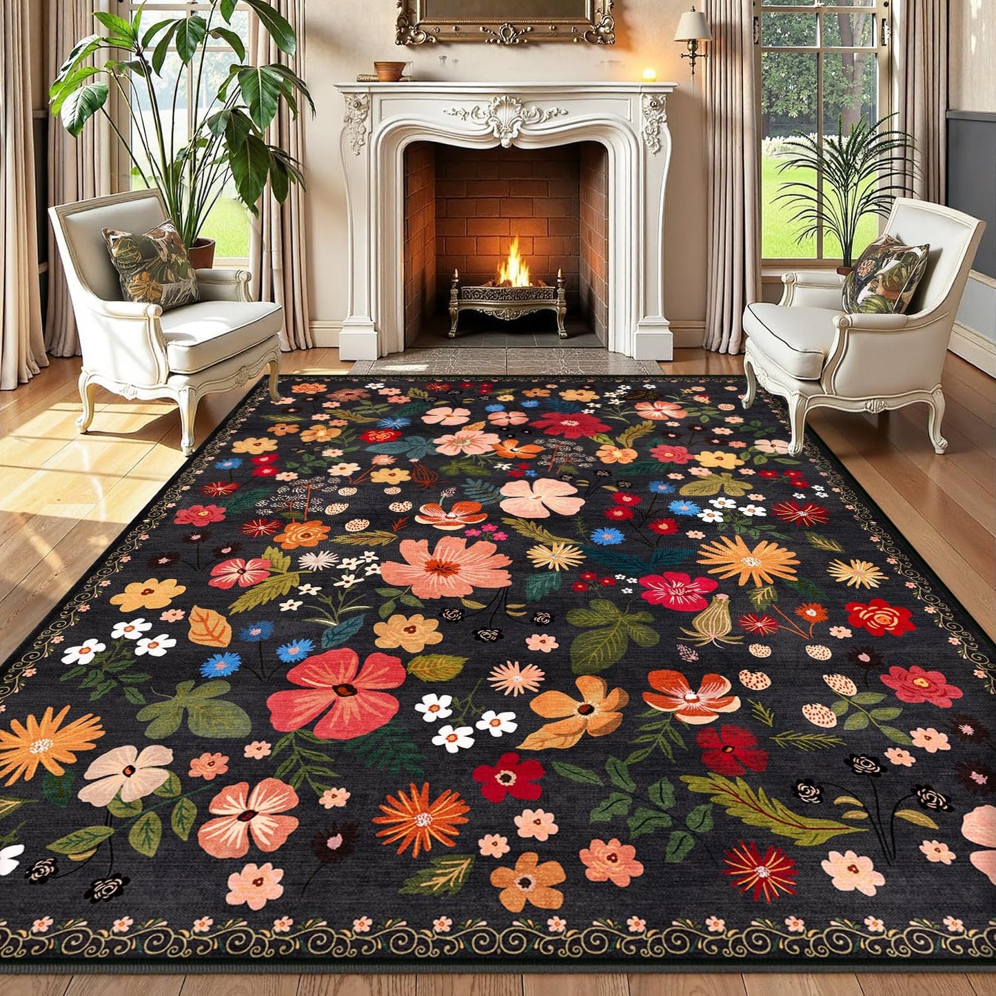 Black Area Rug 5x7 for Bedroom Washable Boho Farmhouse Floral Rugs for Living Room Vintage Aesthetic Stain Resistant Non-Slip Soft Low Pile Thin Floor Carpet for Living Room Dining Room Nursery