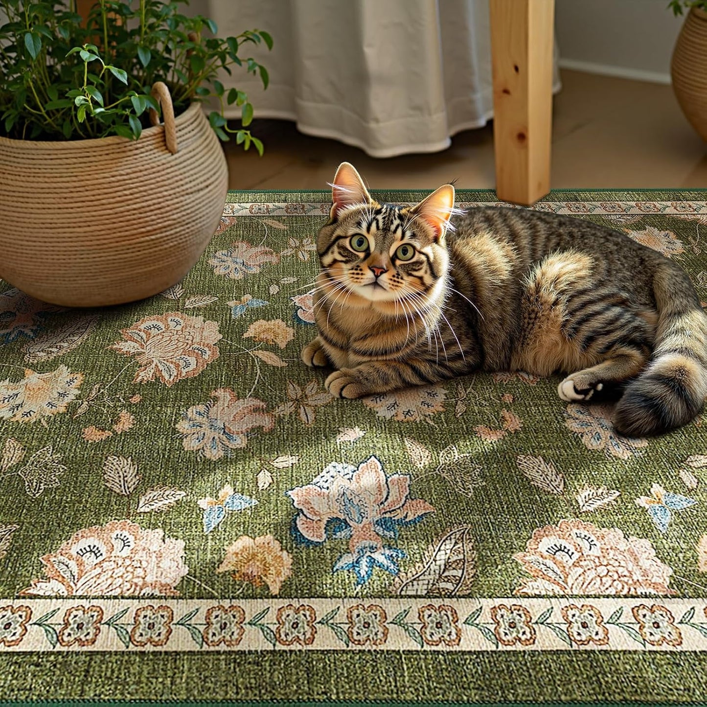 jinchan 2x3 Floral Rug for Entryway Washable Kitchen Rug Vintage Romance Design Small Mat Non Slip Indoor Doormat Lightweight Low-Profile Throw Carpet for Entrance Bathroom Laundry Room, Green