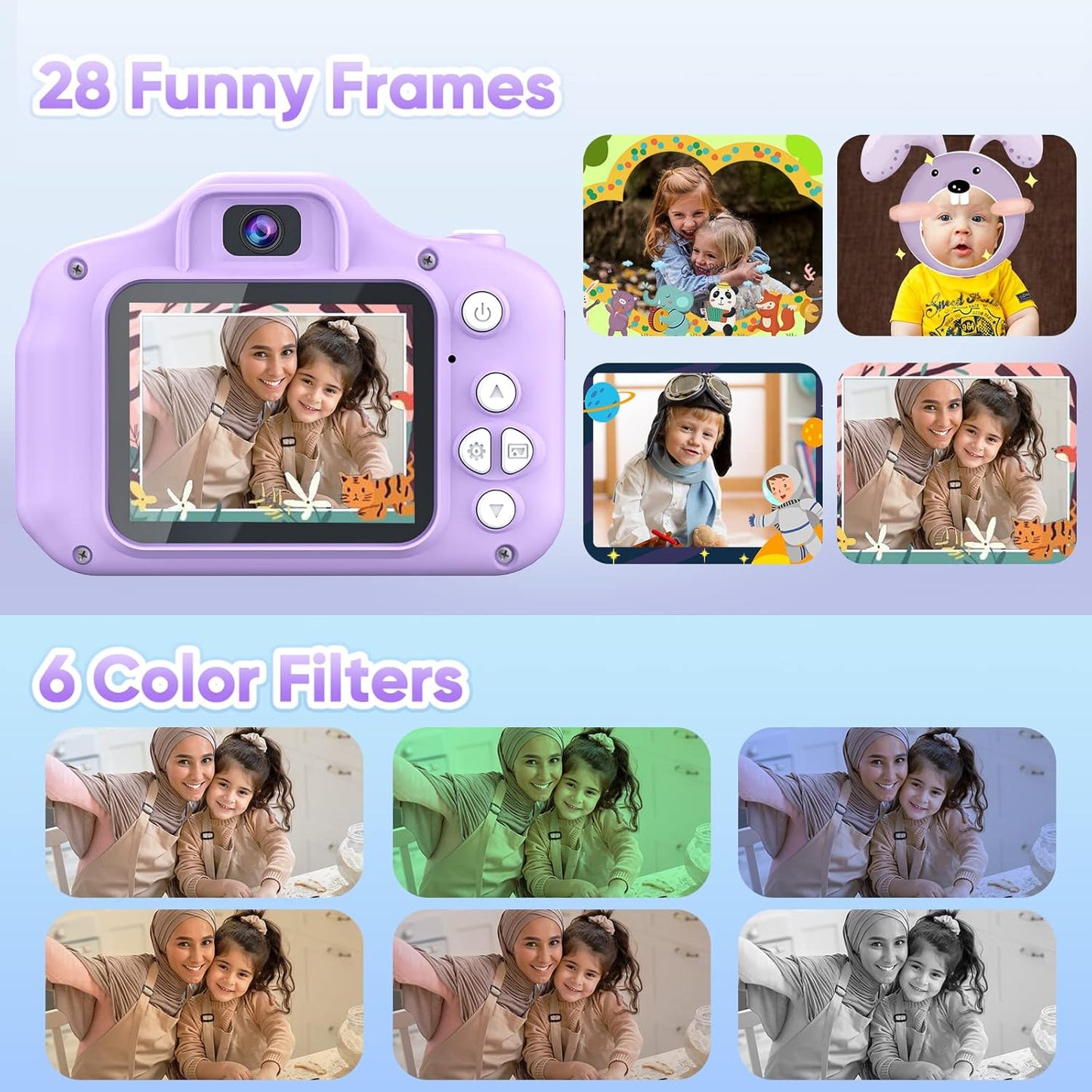 Seckton Upgrade Kids Selfie Camera, Christmas Birthday Gifts for Girls Age 3-9, HD Digital Video Cameras for Toddler, Portable Toy for 3 4 5 6 7 8 Year Old Girl with 32GB SD Card-Purple White