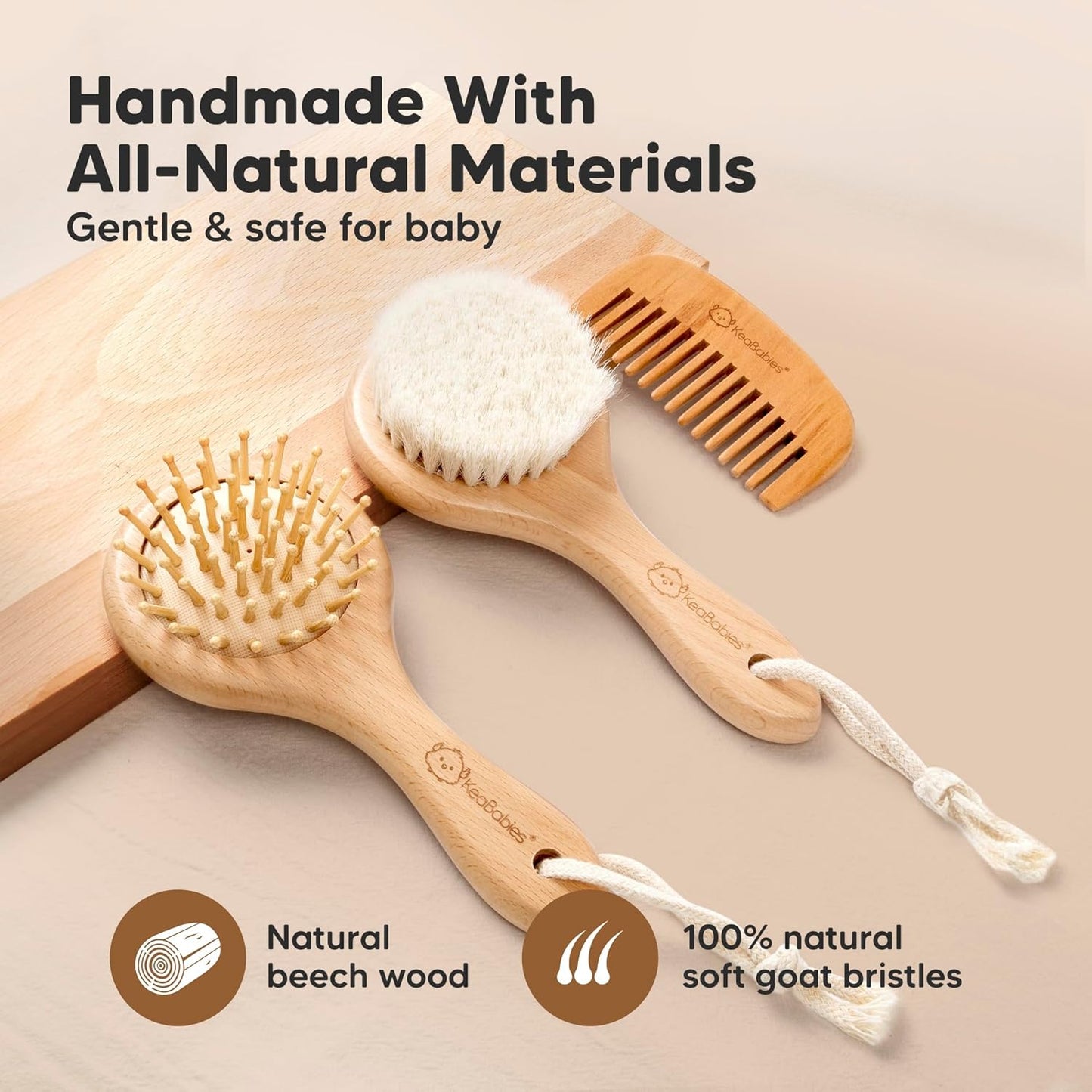 Baby Hair Brush and Comb Set for Newborn - Wooden Baby Hair Brush Set with Soft Goat Bristle, Baby Brush Set for Newborns, Baby Brush and Comb Set Girl, Boy, Toddler Cradle Cap Brush (Round, Walnut)