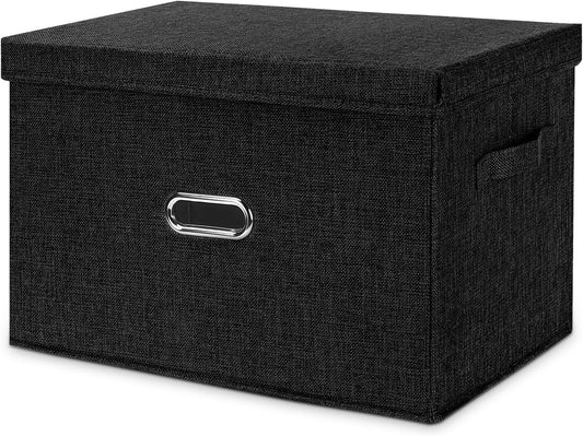 Large Linen Fabric Foldable Storage Bins with Removable Lid and Handles, Washable Storage Box Organizer Containers Baskets Cube with Cover for Bedroom,Office(Black, Extra Large)