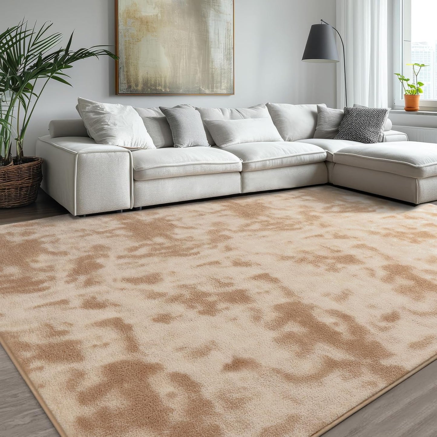 Kimicole 7x10 Washable Area Rugs for Living Room Bedroom, Large Low Pile Ulta-Thin Solid Color Rug, Non-Slip Soft Fluffy Carpet for Nursery Kids Room Dorm Room Home Decor (Light Tan)