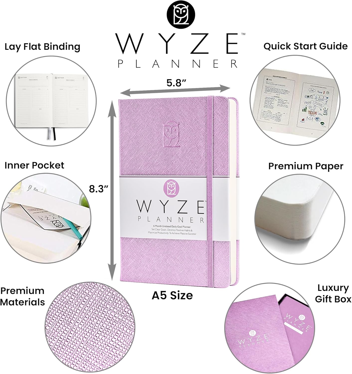 Undated Daily Planner – 6-Month A5 Productivity Organizer with Full Page Per Day, Hourly Schedule, Goal Setting, Habit Tracker, Weekly & Monthly Pages – Hardcover Time Management Notebook (Lilac)