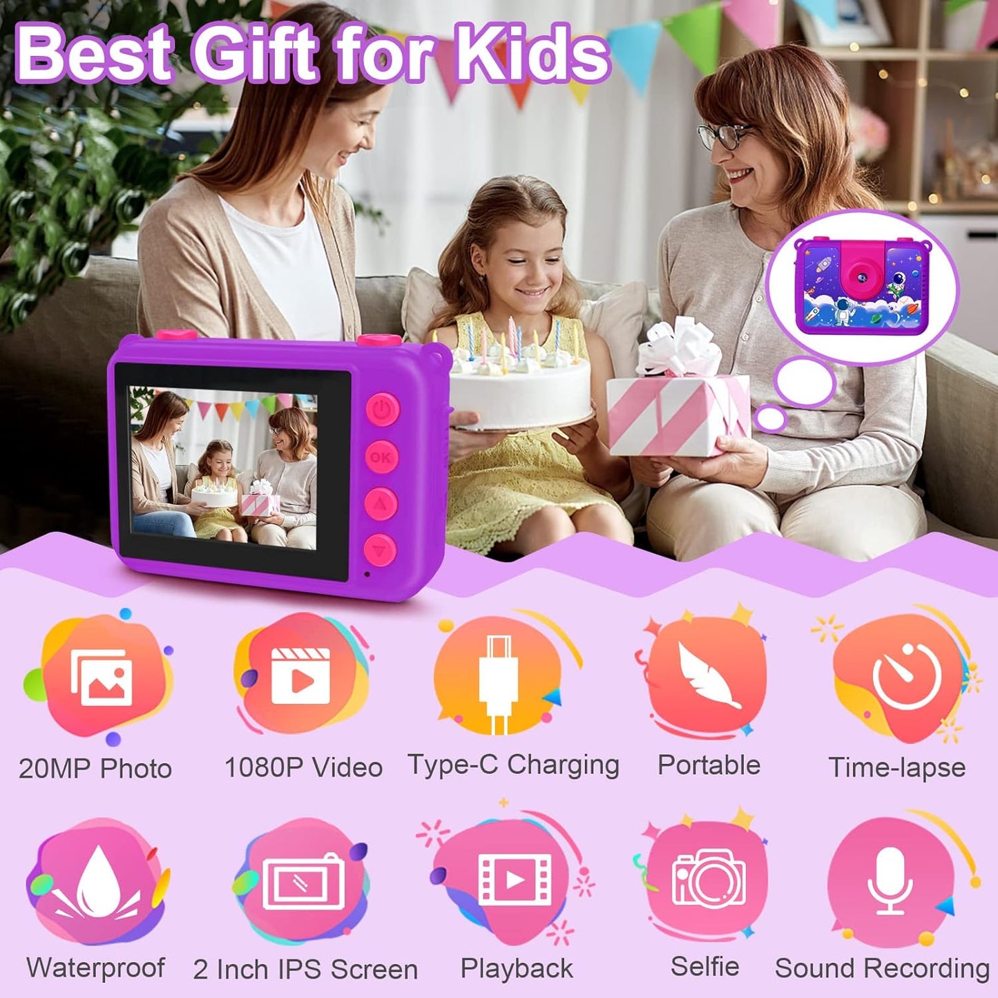 GKTZ Kids Camera - Waterproof Underwater Camera for Kids, Christmas Birthday Gifts for Girls Age 3-12, 1080P HD Children Digital Action Camera, Pool Toys for Kids Age 4-12