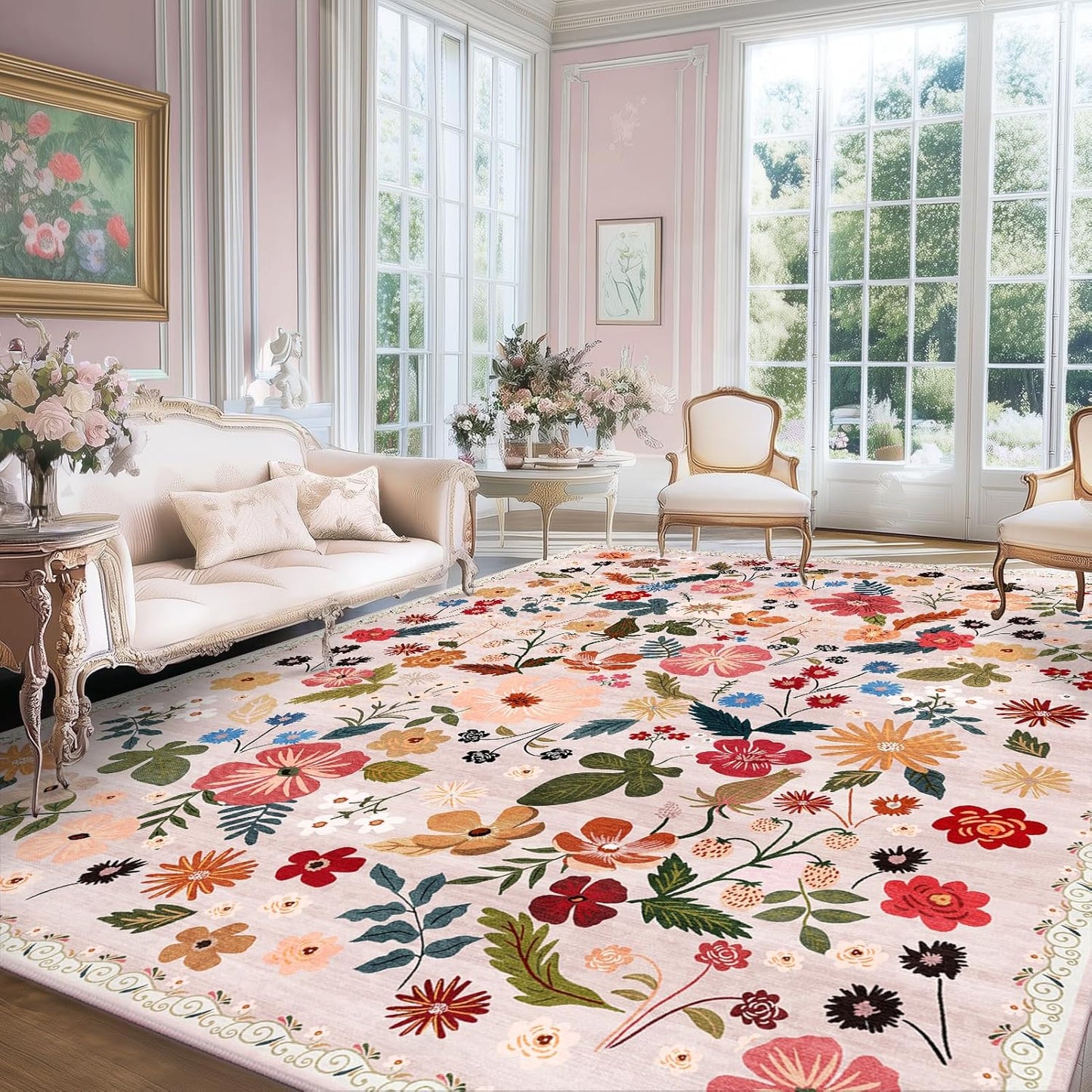 Beige Pink 8x10 Area Rugs for Living Room Boho Vintage Floral Washable Large Rug Low Pile Non Slip Stain Resistant Cottagecore Carpet Rug for Bedroom Dining Room Kids Playroom Dorm Spring Decor