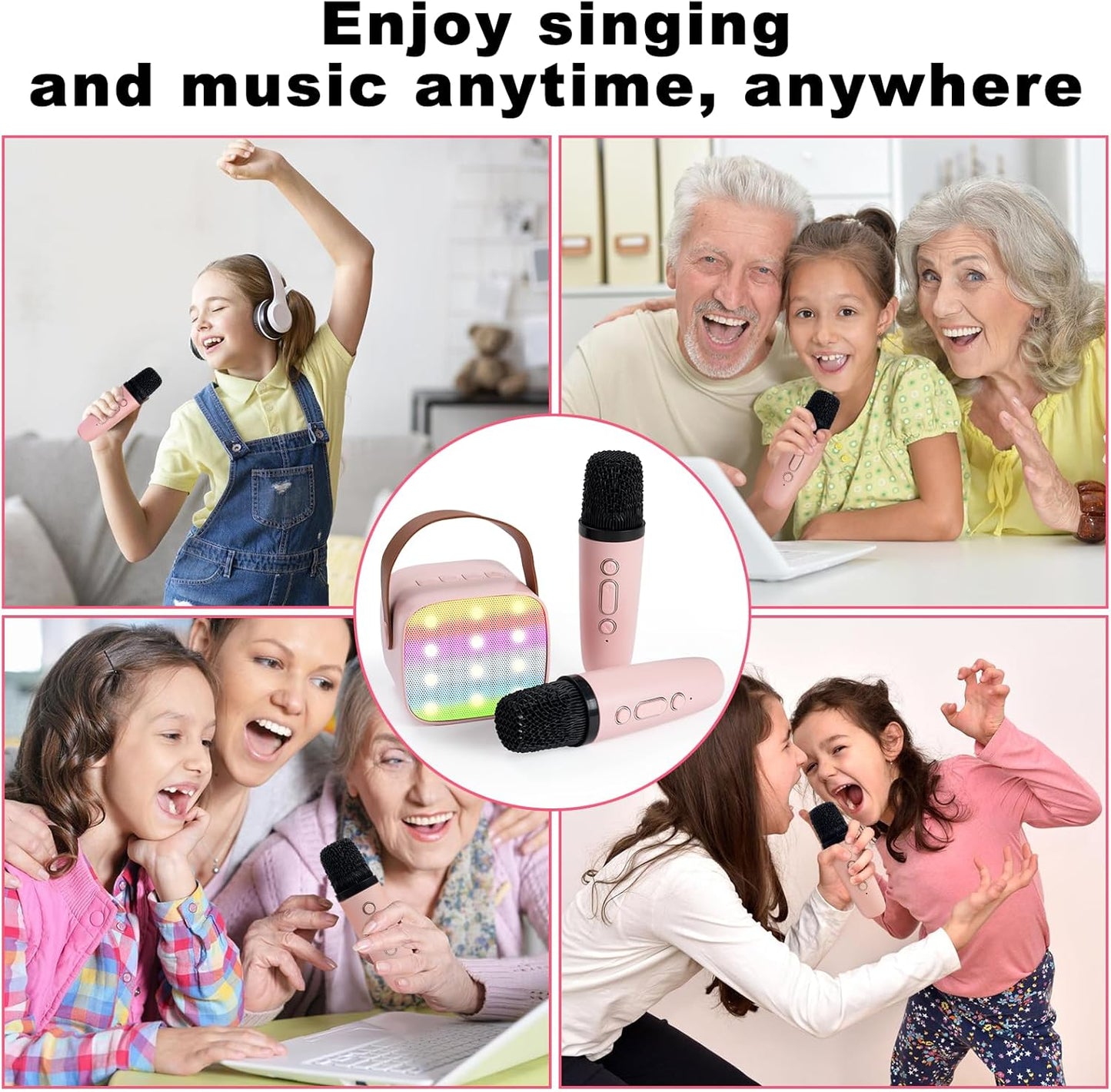 Mini Karaoke Machine for Kids Adults,with 2 Wireless Microphones & Light- Bluetooth Portable Speaker Birthday Gifts for Girls 3-12 Years Old Toddler Toys