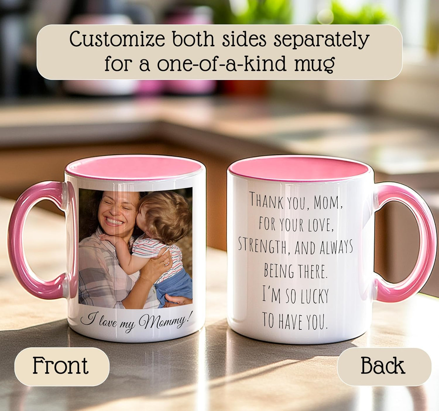 Personalized Coffee Mug | Custom Photo Text or Logo Ceramic Mug | Customized 11 Oz Tea Cup – Unique Gift for Women & Girl | Taza Personalizadas Design with Picture and Words | White – Pink