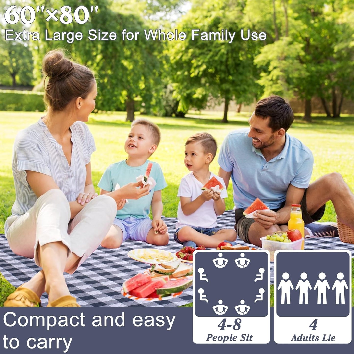 Extra Large Picnic Blanket 80''x 60'' Picnic Mat Waterproof Sand Proof Foldable for Beach, 5-Layer Outdoor Blanket for 6 to 8 Adults,Camping Lawn Hiking Travel Park Music Festival Wedding Mats(Gray)