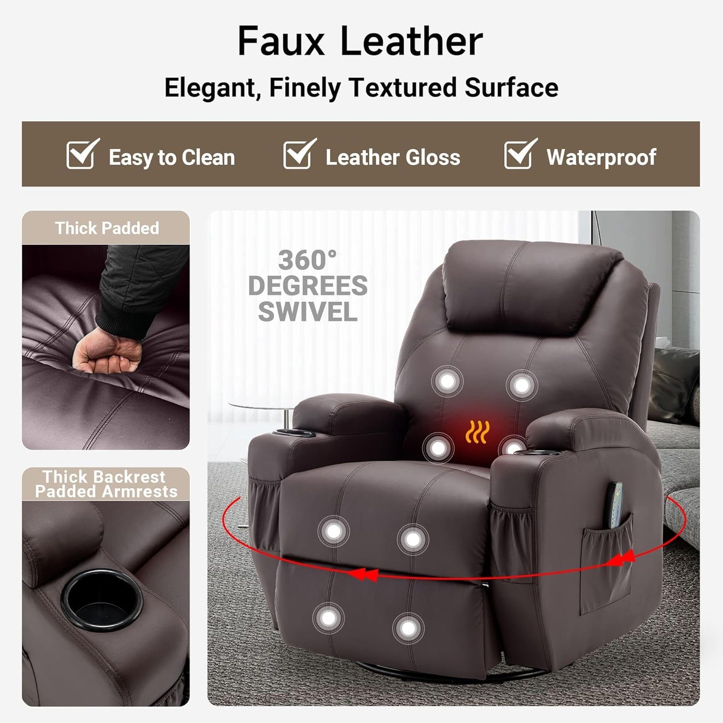 Recliner Chair, Rocker Recliner Chair with Massage and Heat, Manual Recliner Chairs for Adults, 360° Swivel Rocker Recliner with Remote Control and Cup Holder for Living Room, Nursery
