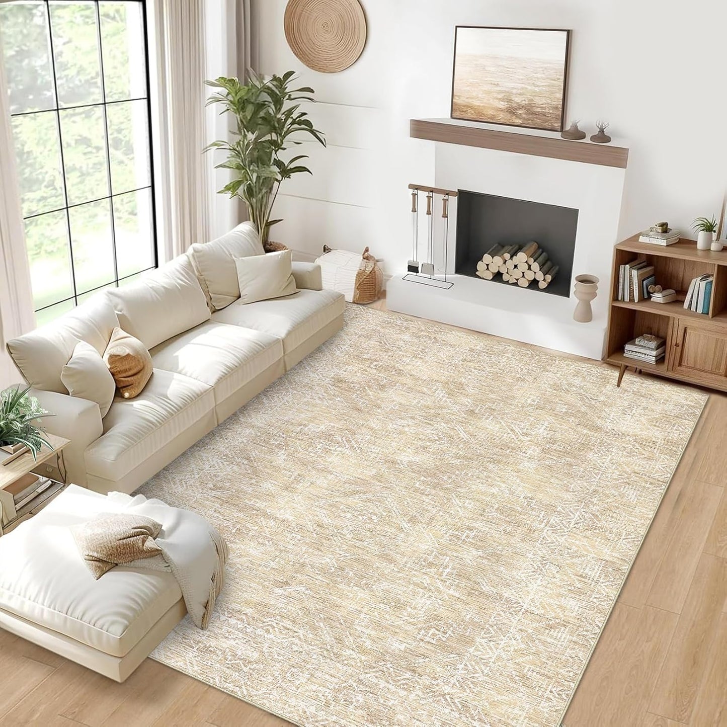 COZYLOOM 4x6 Rug Machine Washable Foldable Printed Area Rug Modern Distressed with Non Slip Design Stain Resistant Non Shedding Pet Friendly Carpet Perfect for Home Decor, Faux Wool, Beige