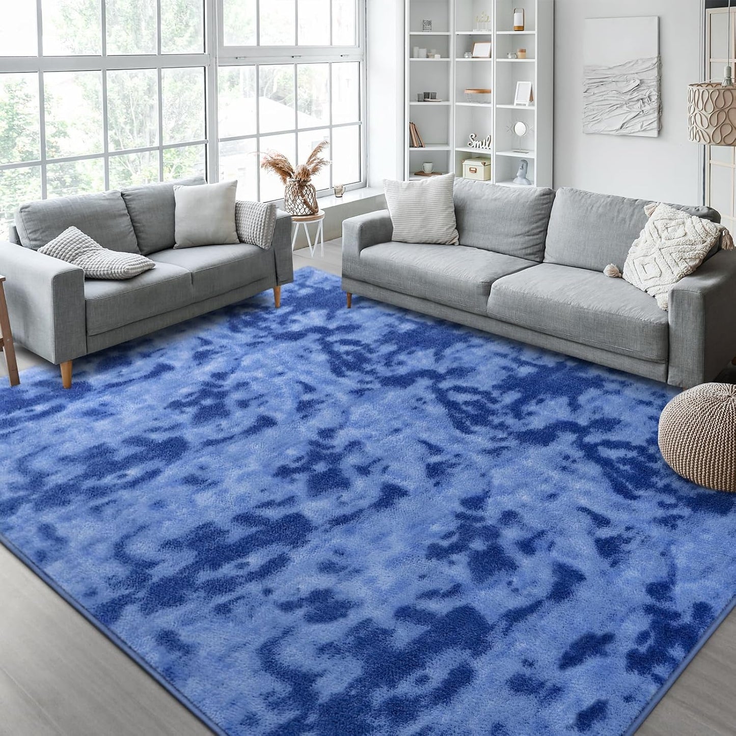 Kimicole 7x10 Washable Area Rugs for Living Room Bedroom, Large Low Pile Ulta-Thin Solid Color Rug, Non-Slip Soft Fluffy Carpet for Nursery Kids Room Dorm Room Home Decor (Blue)