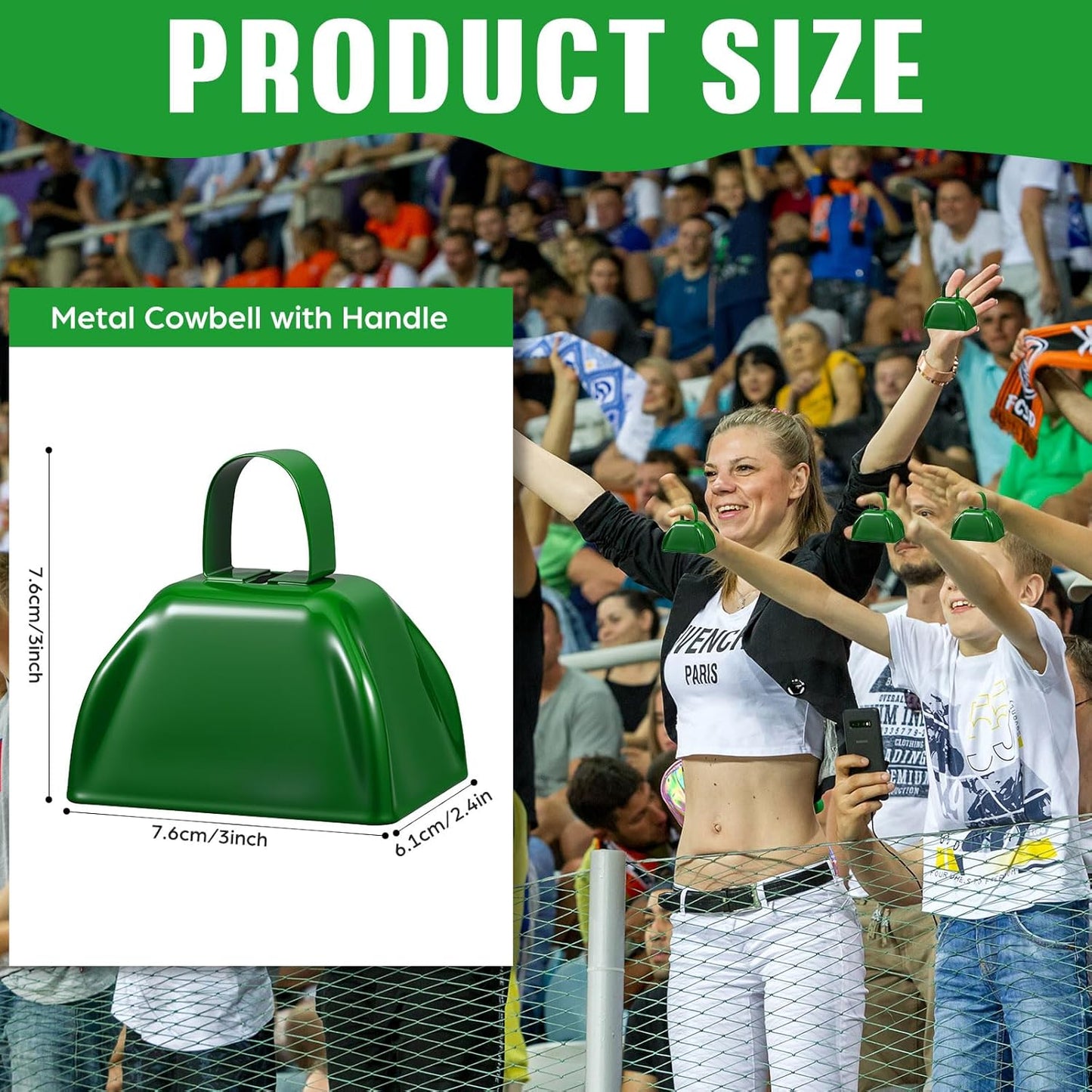 6 Pcs 3 Inch Metal Cowbells Noise Maker Hand Percussion Cow Bells with Handles for Sporting Events Cheering Noisemakers Weddings Team Spirit Sports Party Favors (Green)