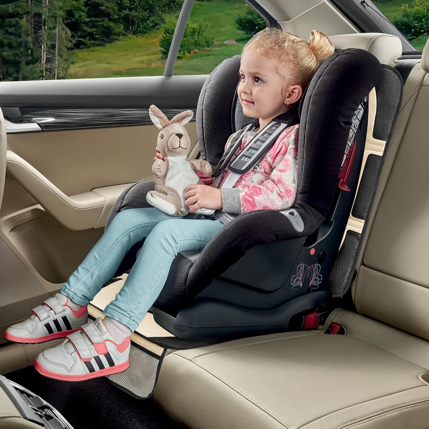 Car Seat Protector for Child Car Seat, 2 Pack Baby Car Seat Covers with Mesh Pockets & Non-Slip Backing 600D Durable Seat Protector Under Baby Car Seat for Car Back Seat (Beige, Large)