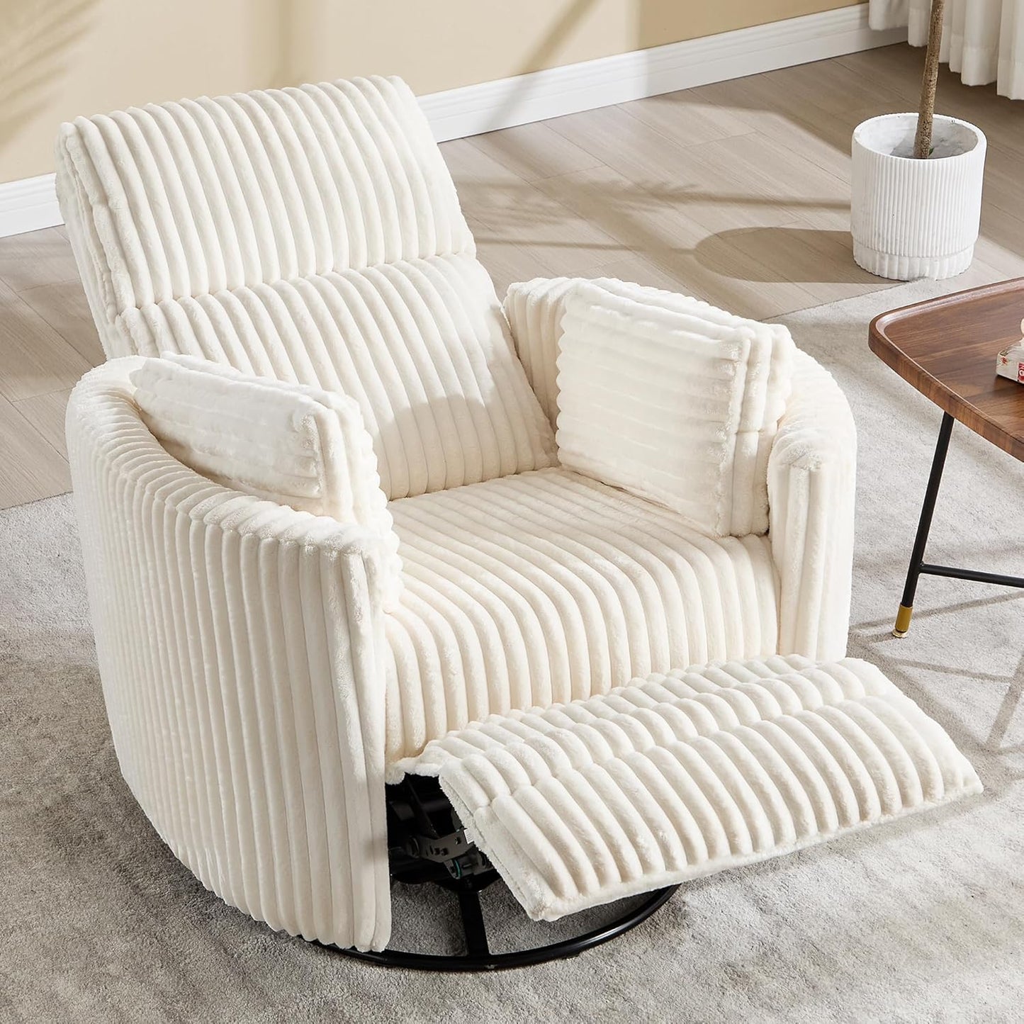 Recliner 360°Swivel Glider Rocking Chair, Upholstered Nursery Adult Rocking Chair with 2 Pillows for Living Room Bedroom (Beige Corduroy, Manual Operation)