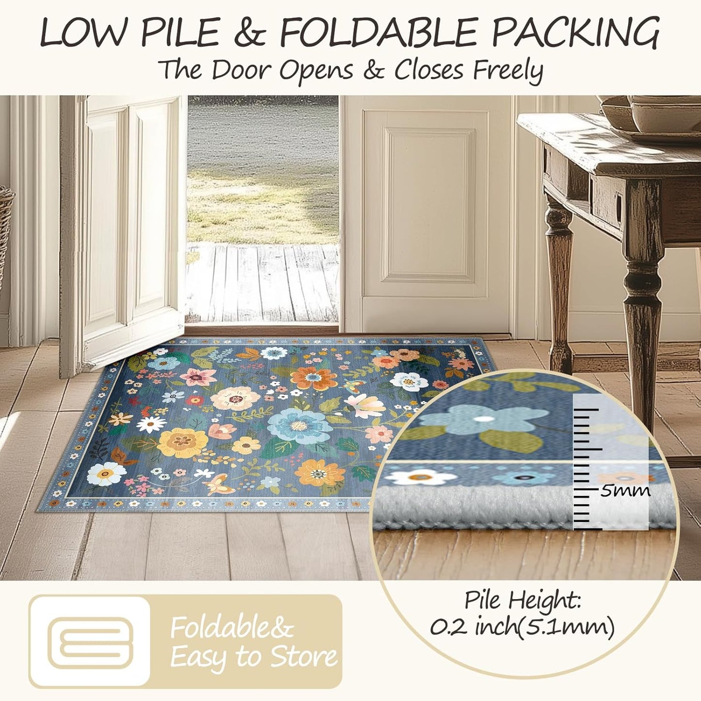 Floral 2x8 Area Rug Machine Washable Soft Print Boho Carpet Non Slip Doormat Low Pile Flower Area Rugs for Living Room Bedroom Nursery Kitchen Dining Room Indoor-Blue/Grey