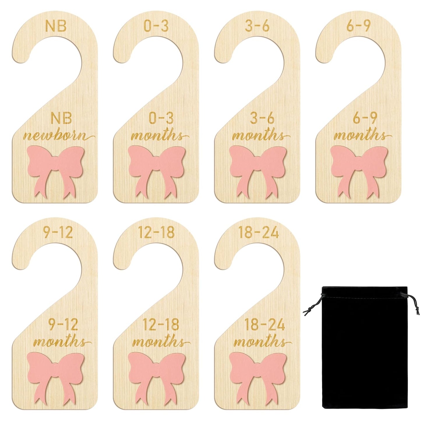 R HORSE Wooden Baby Closet Dividers - 8Pcs 3D Coquette Pink Bow Baby Closet Organizer Double-Sided Newborn Clothes Size Hanger Dividers Nursery Birthday Gift for Boy Girl (0-24 Months)