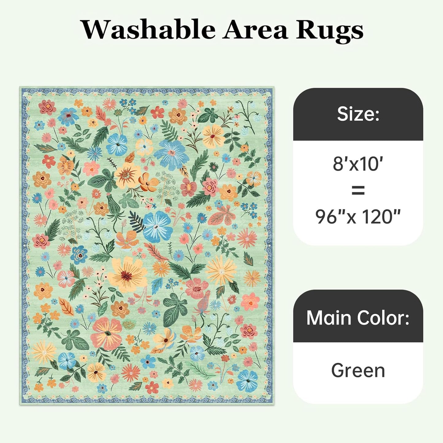 8x10 Area Rugs for Living Room Sage Green Washable Low Pile Non Slip Stain Resistant Large Rugs Boho Vintage Floral for Bedroom Dining Room Family Room Nursery Dorm Spring Home Decor