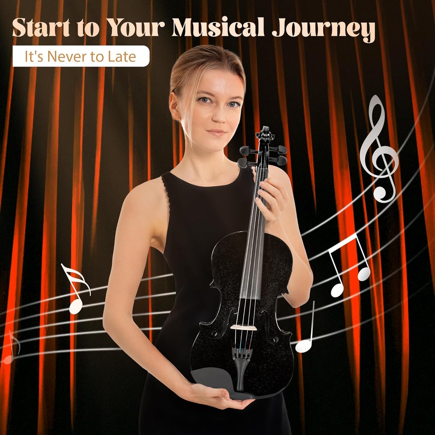 1/4 Violin Size Set for Beginners, Black Violin for Beginner Fiddle Kit with Hard Case, Violin Bow, Rosin, Horse Bridge, Strings 1/4 Full Set, Shoulder Rest, Clip-on Tuner, Manual Instruction