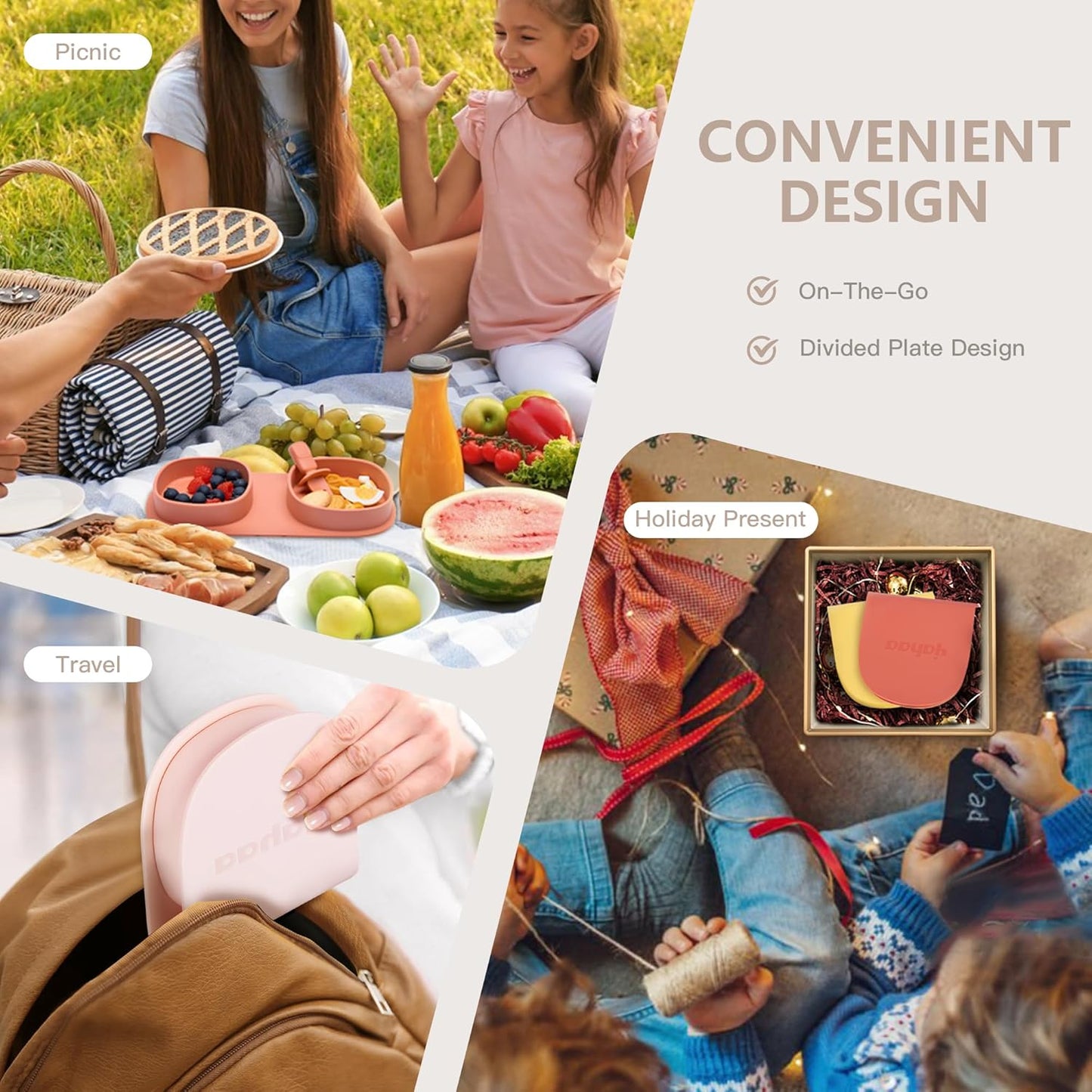 Silicone Foldable Novelty Dinner Plates,Baby Plates Travel Essential with Forks and Spoons,Microwave & Dishwasher Safe,Blush