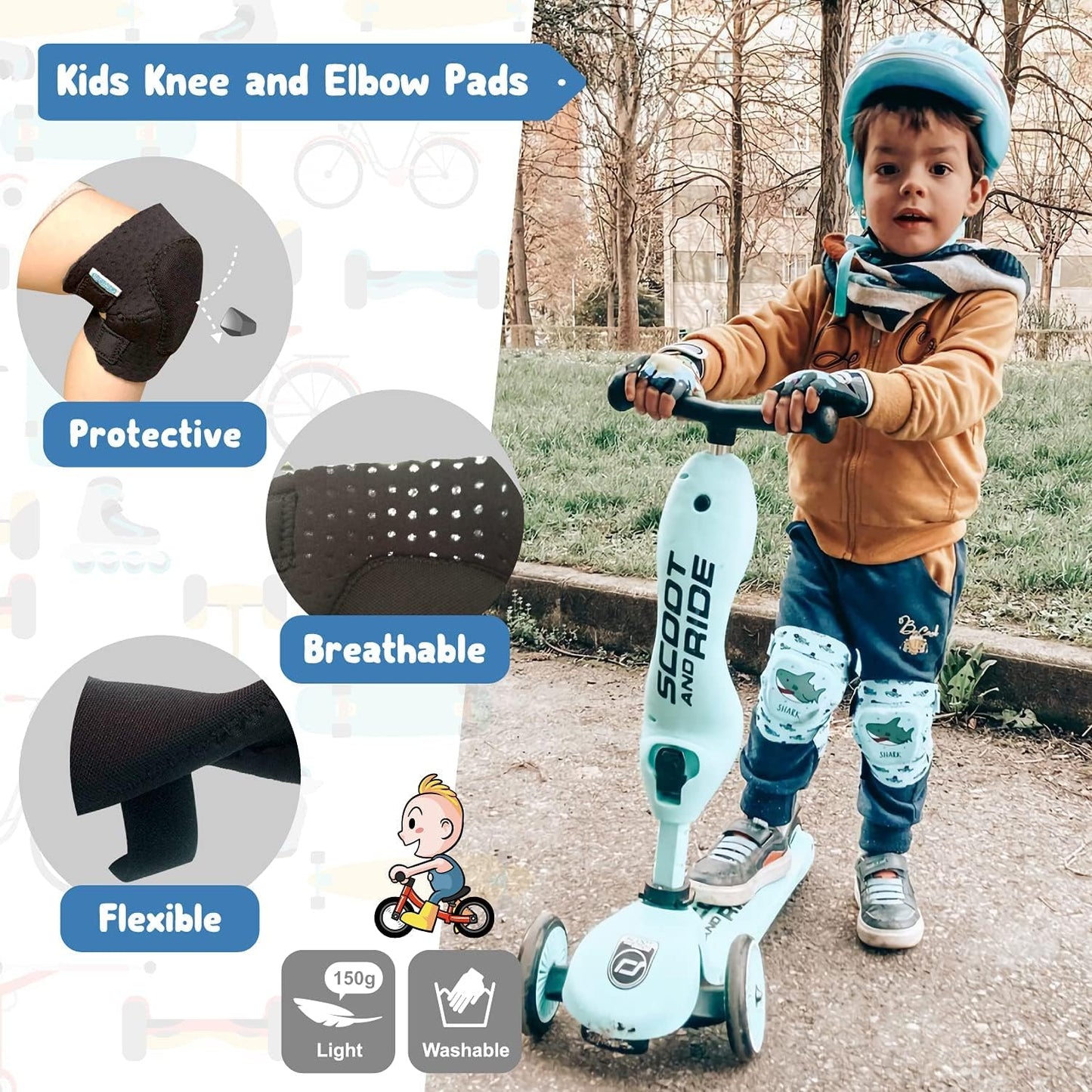 Soft-Style Kids Knee and Elbow Pads with Bike Gloves, Flexible Impact-Resistant Gear for Ages 2-11, Designed for Balance Bikes, Roller-Skating, and Skateboarding