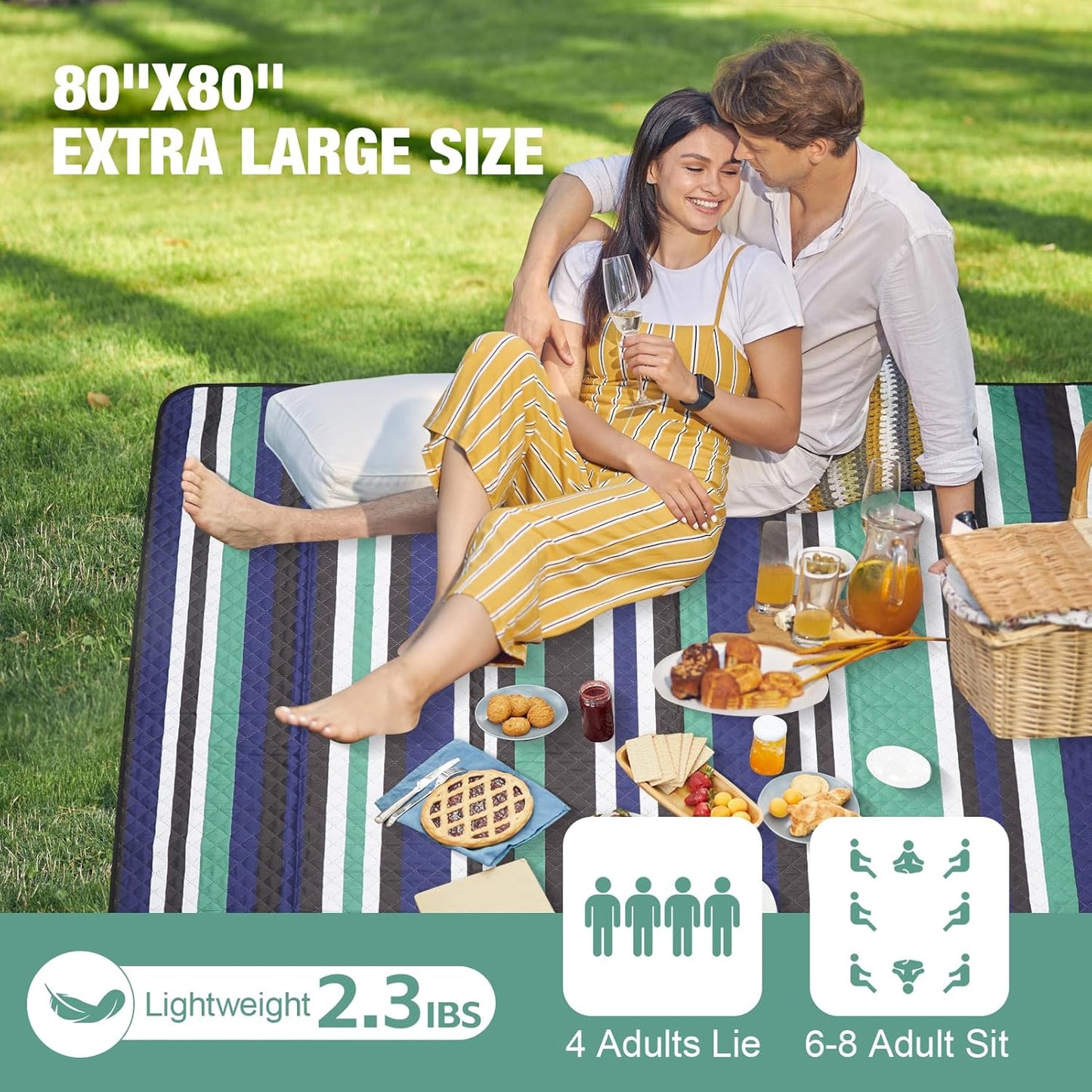 Picnic Blankets Outdoor Extra Large - 80"x80" Waterproof Beach Blanket, Machine Washable 3-Layer Foldable Park Mat with Sandproof Backing for Grass, Hiking, Travel, Concerts, Indoor (NavyBlue)