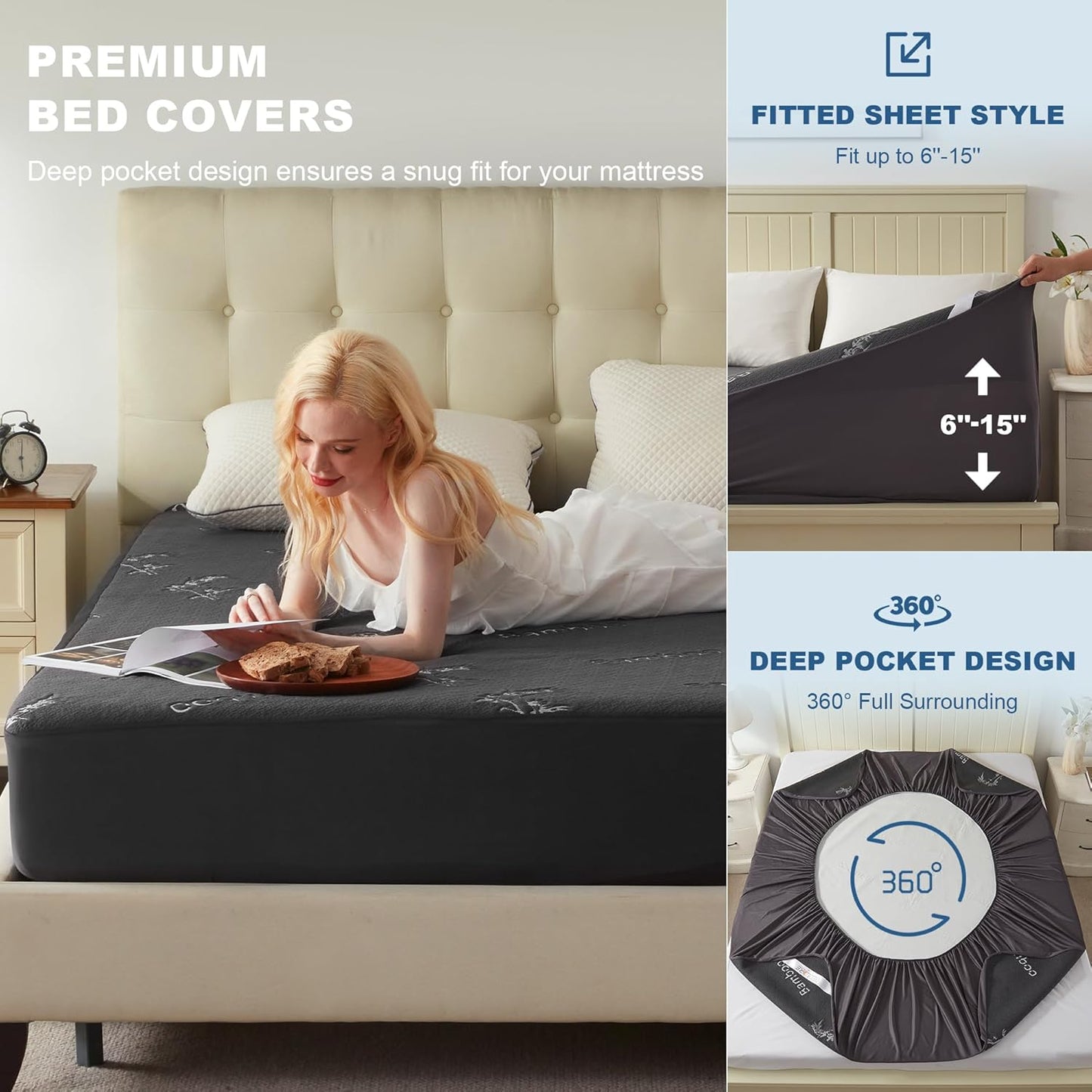 BEDLORE Full Size Mattress Protector Waterproof, Mattress Pad Fitted 6-15 Inch Deep Pocket, 3D Air Fabric Soft Double Bed Mattress Cover Noiseless Washable for Home, College Dorm, Gray