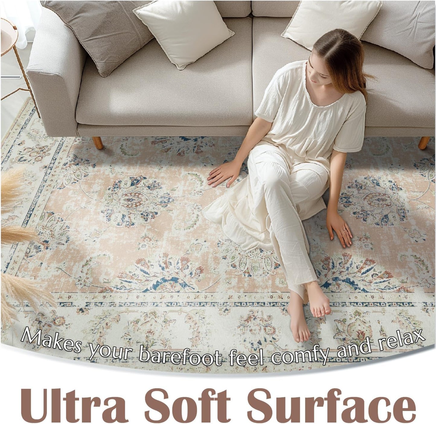 jinchan Washable Area Rug 4x6 Ultra-Thin Low Pile Non-Slip Stain Resistant Soft Faux Wool Spring Floral Rug Distressed Vintage Carpet for Bedroom,Living Room,Dining Room,Kitchen,Nursery(Pink, 4' x 6')