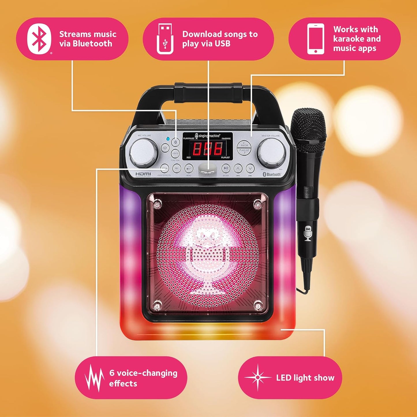 Singing Machine Portable Karaoke Machine with Wired Mic, Bluetooth, LED Lights - For Adults & Kids