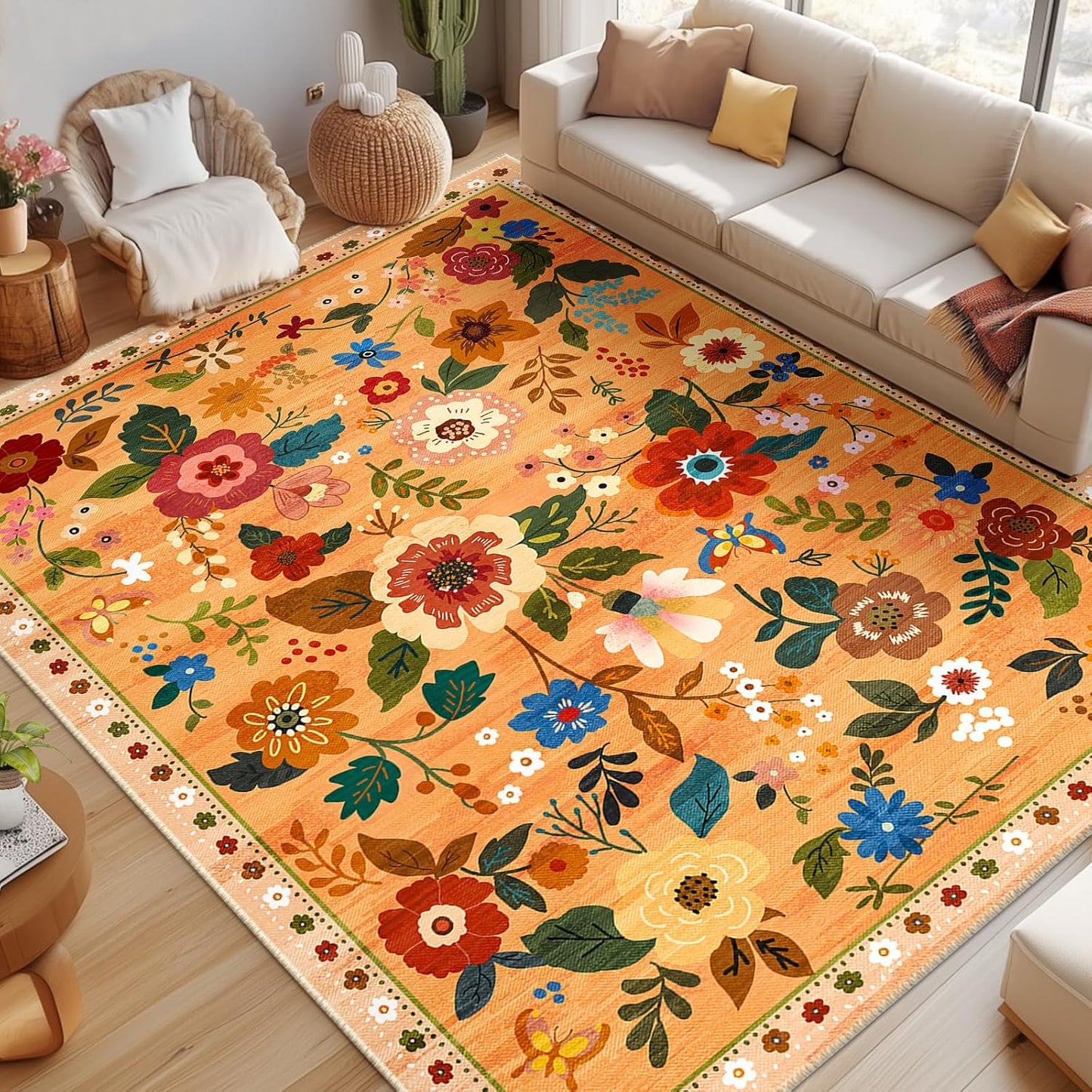 Floral 8x10 Area Rug Machine Washable Soft Print Boho Carpet Non Slip Doormat Low Pile Flower Area Rugs for Living Room Bedroom Nursery Kitchen Dining Room Indoor-Yellow/Orange